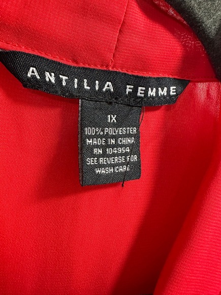 Antilia Femme Blouse Women Plus Size 1X Red Deep V Tie-Neck 3/4 Sleeve Sheer Top - Picture 4 of 11